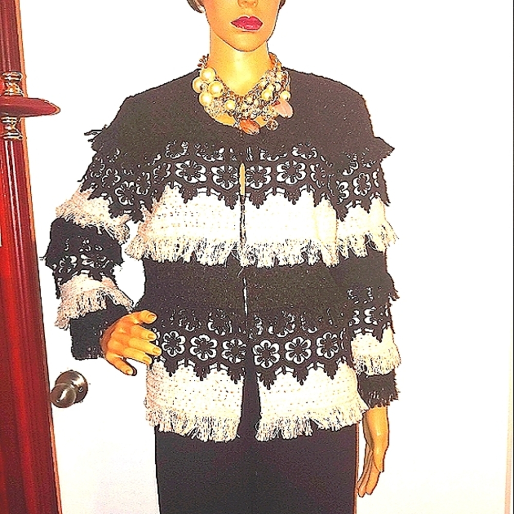 SOLD! BOSTON PROPER COTTON TWEED BOUCLE LACE FRINGE JACKET 10 M/L